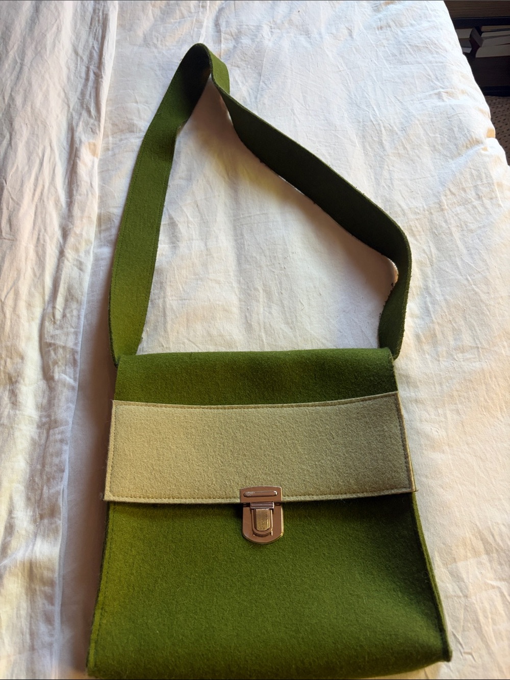Olive Green and Cream Felt Crossbody Shoulder Bag